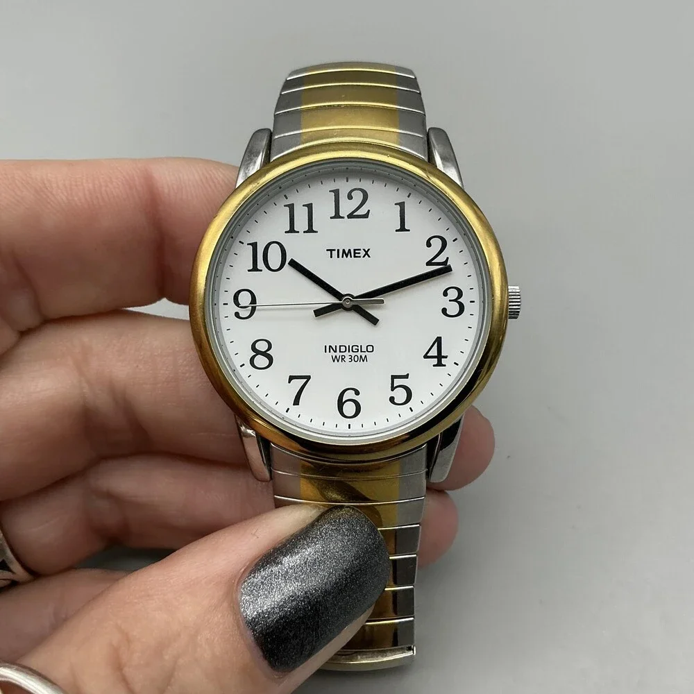 Timex Indiglo Mens Watch 35mm White Dial Two Tone Stretch Band New Battery